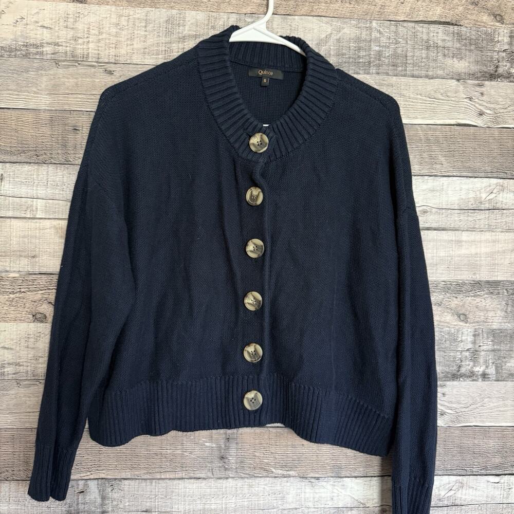 Quince Women 100% Organic Cotton Cropped Cardigan Blue Long Sleeved Top S